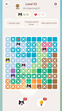Meowdoku Level 53 step 6 screenshot showing the cat placement at E10 with 6 of 10 cats visible on the board.