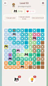 Meowdoku Level 53 step 7 screenshot showing the cat placement at F7 with 7 of 10 cats visible on the board.