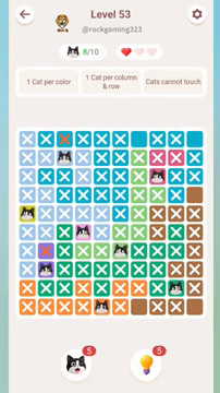 Meowdoku Level 53 step 8 screenshot showing the cat placement at I9 with 8 of 10 cats visible on the board.