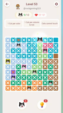Meowdoku Level 53 step 9 screenshot showing the cat placement at G1 with 9 of 10 cats visible on the board.