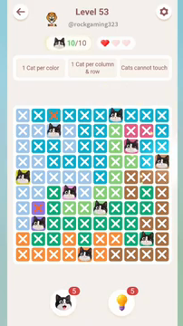 Meowdoku Level 53 step 10 screenshot showing the cat placement at J4 with 10 of 10 cats visible on the board.