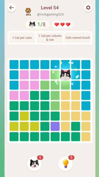 Meowdoku Level 54 step 1 screenshot showing the cat placement at F2 with 1 of 8 cats visible on the board.
