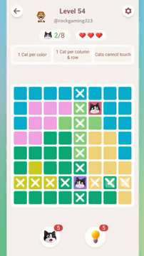Meowdoku Level 54 step 2 screenshot showing the cat placement at E7 with 2 of 8 cats visible on the board.