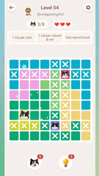 Meowdoku Level 54 step 3 screenshot showing the cat placement at B6 with 3 of 8 cats visible on the board.