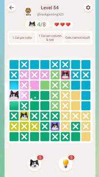 Meowdoku Level 54 step 4 screenshot showing the cat placement at A4 with 4 of 8 cats visible on the board.