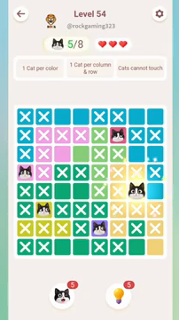 Meowdoku Level 54 step 5 screenshot showing the cat placement at G5 with 5 of 8 cats visible on the board.