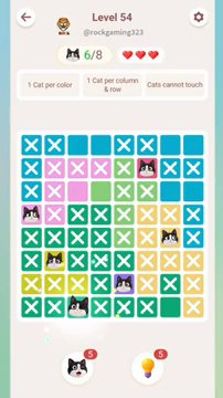 Meowdoku Level 54 step 6 screenshot showing the cat placement at C8 with 6 of 8 cats visible on the board.