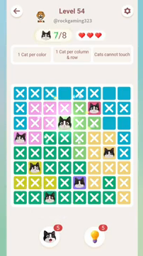 Meowdoku Level 54 step 7 screenshot showing the cat placement at D3 with 7 of 8 cats visible on the board.