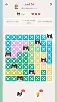 Meowdoku Level 54 step 8 screenshot showing the cat placement at H1 with 8 of 8 cats visible on the board.