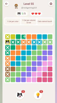 Meowdoku Level 55 step 1 screenshot showing the cat placement at A2 with 1 of 9 cats visible on the board.