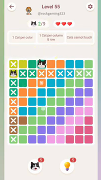 Meowdoku Level 55 step 2 screenshot showing the cat placement at D1 with 2 of 9 cats visible on the board.