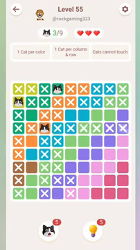 Meowdoku Level 55 step 3 screenshot showing the cat placement at C4 with 3 of 9 cats visible on the board.
