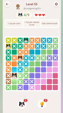 Meowdoku Level 55 step 4 screenshot showing the cat placement at B7 with 4 of 9 cats visible on the board.