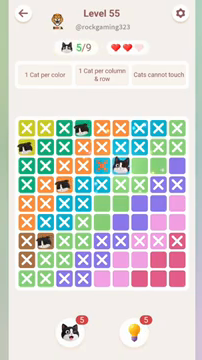 Meowdoku Level 55 step 5 screenshot showing the cat placement at F3 with 5 of 9 cats visible on the board.