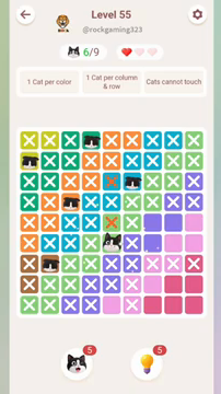 Meowdoku Level 55 step 6 screenshot showing the cat placement at E6 with 6 of 9 cats visible on the board.