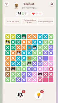 Meowdoku Level 55 step 7 screenshot showing the cat placement at G8 with 7 of 9 cats visible on the board.
