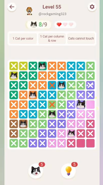 Meowdoku Level 55 step 8 screenshot showing the cat placement at H5 with 8 of 9 cats visible on the board.
