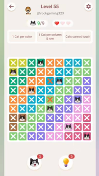 Meowdoku Level 55 step 9 screenshot showing the cat placement at I9 with 9 of 9 cats visible on the board.