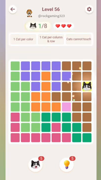 Meowdoku Level 56 step 1 screenshot showing the cat placement at H3 with 1 of 8 cats visible on the board.