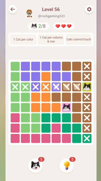 Meowdoku Level 56 step 2 screenshot showing the cat placement at F5 with 2 of 8 cats visible on the board.