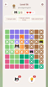 Meowdoku Level 56 step 3 screenshot showing the cat placement at C4 with 3 of 8 cats visible on the board.