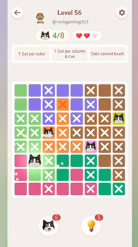 Meowdoku Level 56 step 4 screenshot showing the cat placement at B6 with 4 of 8 cats visible on the board.