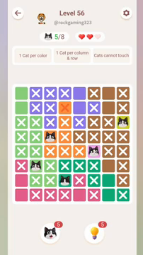 Meowdoku Level 56 step 5 screenshot showing the cat placement at D7 with 5 of 8 cats visible on the board.