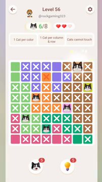 Meowdoku Level 56 step 6 screenshot showing the cat placement at G1 with 6 of 8 cats visible on the board.