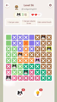 Meowdoku Level 56 step 7 screenshot showing the cat placement at A8 with 7 of 8 cats visible on the board.
