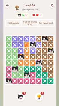 Meowdoku Level 56 step 8 screenshot showing the cat placement at E2 with 8 of 8 cats visible on the board.