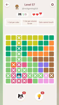 Meowdoku Level 57 step 1 screenshot showing the cat placement at C8 with 1 of 9 cats visible on the board.