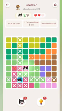 Meowdoku Level 57 step 2 screenshot showing the cat placement at D6 with 2 of 9 cats visible on the board.
