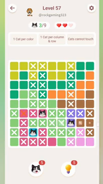 Meowdoku Level 57 step 3 screenshot showing the cat placement at G7 with 3 of 9 cats visible on the board.