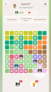 Meowdoku Level 57 step 4 screenshot showing the cat placement at H9 with 4 of 9 cats visible on the board.