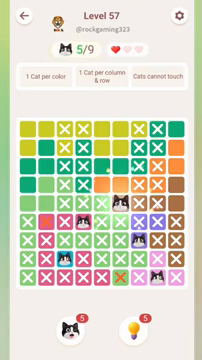 Meowdoku Level 57 step 5 screenshot showing the cat placement at F5 with 5 of 9 cats visible on the board.