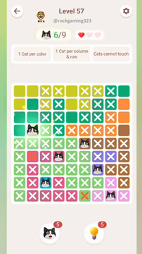 Meowdoku Level 57 step 6 screenshot showing the cat placement at B4 with 6 of 9 cats visible on the board.