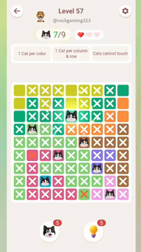 Meowdoku Level 57 step 7 screenshot showing the cat placement at E3 with 7 of 9 cats visible on the board.