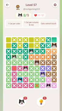 Meowdoku Level 57 step 8 screenshot showing the cat placement at I2 with 8 of 9 cats visible on the board.