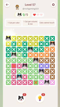 Meowdoku Level 57 step 9 screenshot showing the cat placement at A1 with 9 of 9 cats visible on the board.