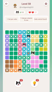 Meowdoku Level 58 step 4 screenshot showing the cat placement at G6 with 4 of 10 cats visible on the board.