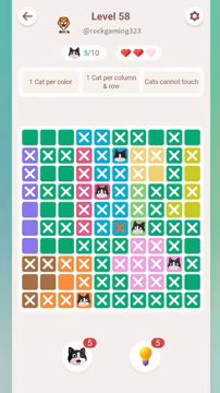 Meowdoku Level 58 step 5 screenshot showing the cat placement at I8 with 5 of 10 cats visible on the board.