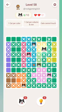 Meowdoku Level 58 step 6 screenshot showing the cat placement at H3 with 6 of 10 cats visible on the board.