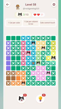 Meowdoku Level 58 step 7 screenshot showing the cat placement at J5 with 7 of 10 cats visible on the board.
