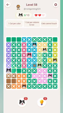 Meowdoku Level 58 step 8 screenshot showing the cat placement at A7 with 8 of 10 cats visible on the board.