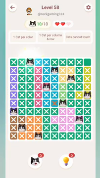 Meowdoku Level 58 step 10 screenshot showing the cat placement at C1 with 10 of 10 cats visible on the board.