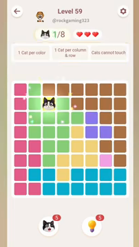 Meowdoku Level 59 step 1 screenshot showing the cat placement at C2 with 1 of 8 cats visible on the board.