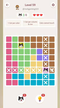 Meowdoku Level 59 step 2 screenshot showing the cat placement at G6 with 2 of 8 cats visible on the board.