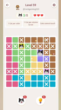 Meowdoku Level 59 step 3 screenshot showing the cat placement at F3 with 3 of 8 cats visible on the board.