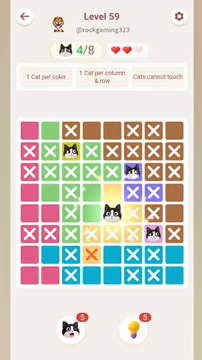Meowdoku Level 59 step 4 screenshot showing the cat placement at E5 with 4 of 8 cats visible on the board.