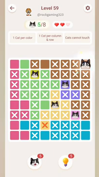 Meowdoku Level 59 step 5 screenshot showing the cat placement at H1 with 5 of 8 cats visible on the board.